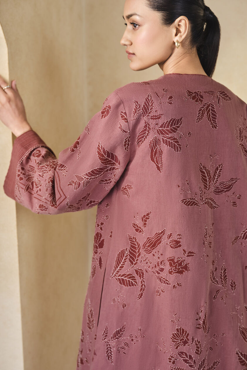 Rhubarb Hand-embroidered Kantha Linen Overlayer Set - Pink, Pink, image 8